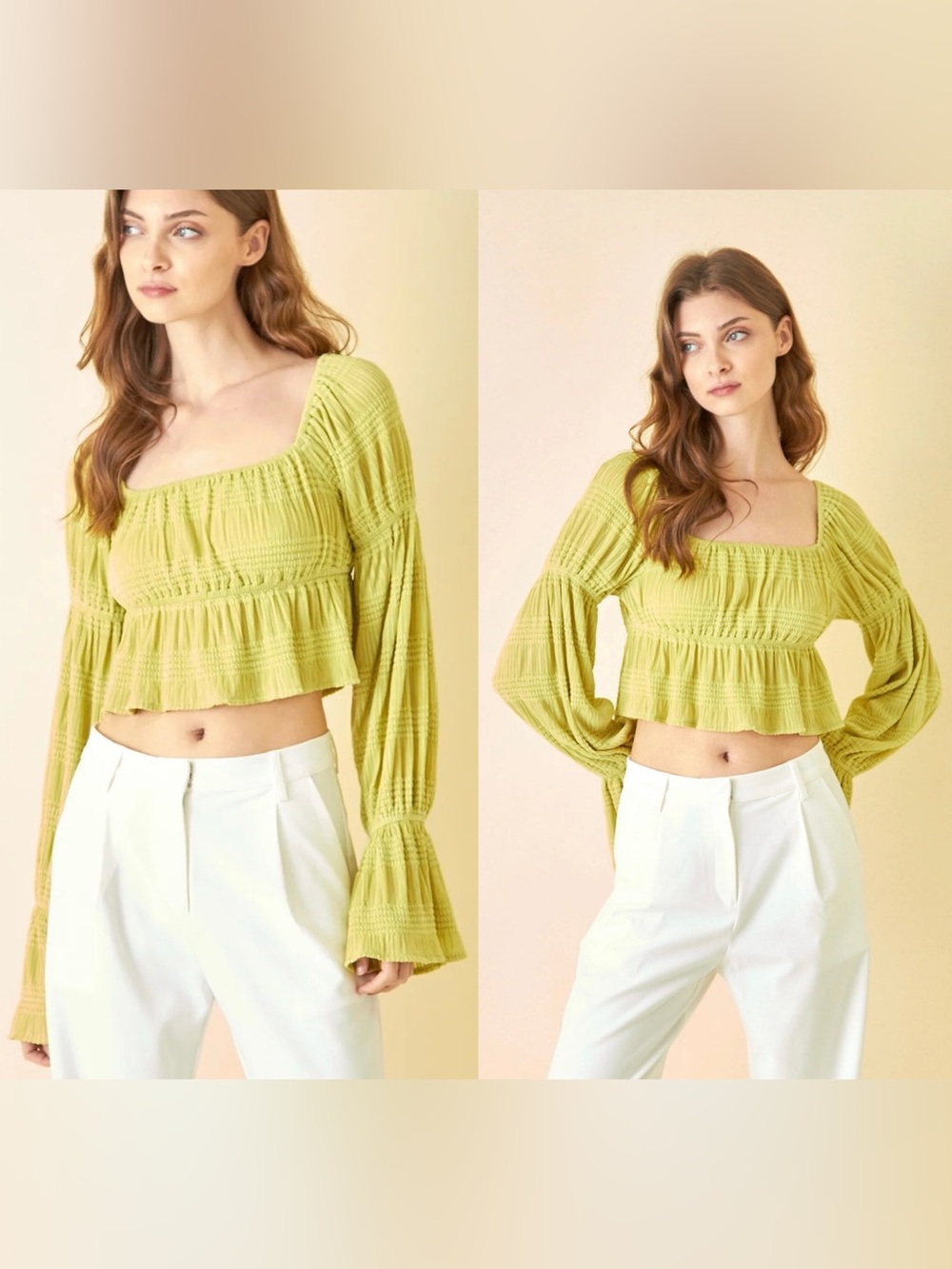 FORE Lime Green Cropped Ruched Peasant Long Sleeve Blouse Top